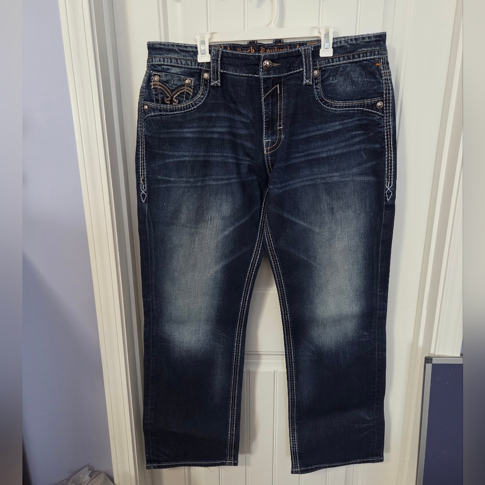 Rock Revival Bob Straight Dark Denim Jeans Mens 40X32 Embroidered  J14 RJ8796J14